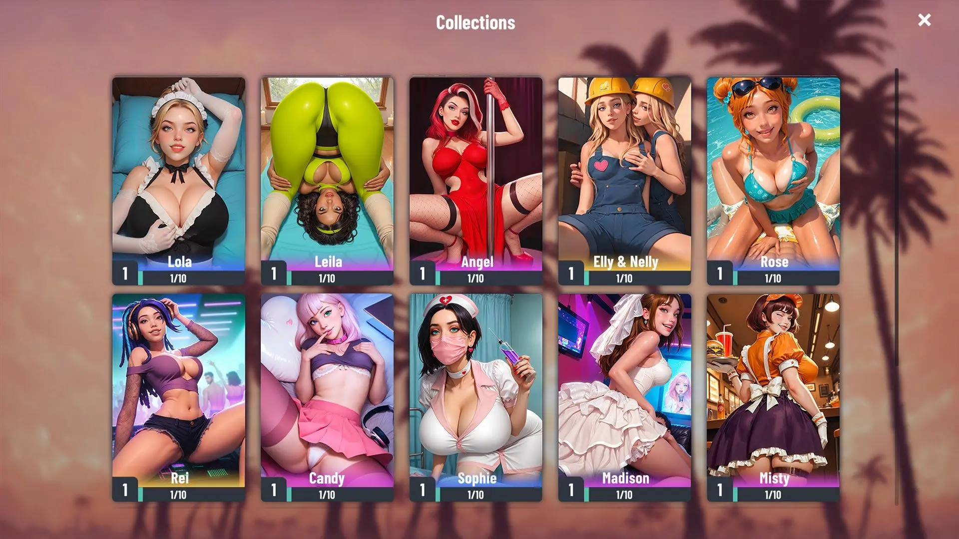 Экран коллекции Passion Industry: карточки героинь для сбора (Lola, Angel, Rose, Candy, Sophie, Madison…)